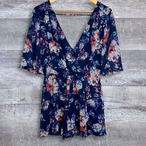 As U Wish Romper Womens S Floral Navy Blue Flutter 1/2 Sleeve V Neck Low Back - Picture 1 of 8
